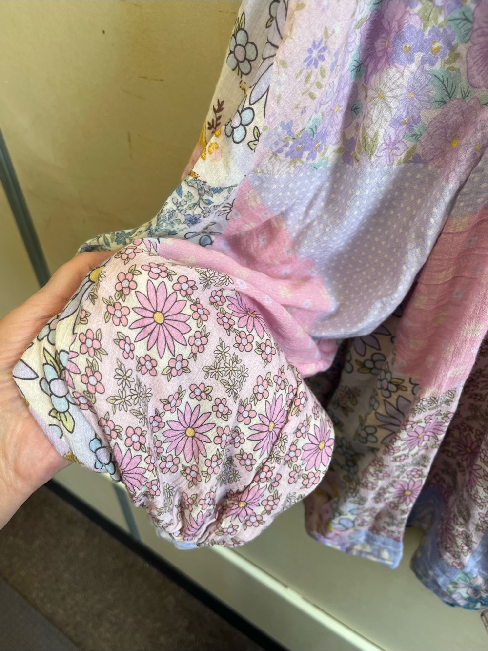 Floral Patchwork Long-Sleeve Women's Blouse in Pastel Pink & Lavender - Picture 8 of 14